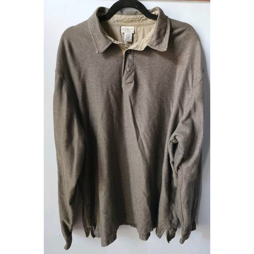 Vtg LL Bean Shirt Mens Size XXL Brown Henley Herringbone Pullover Casual